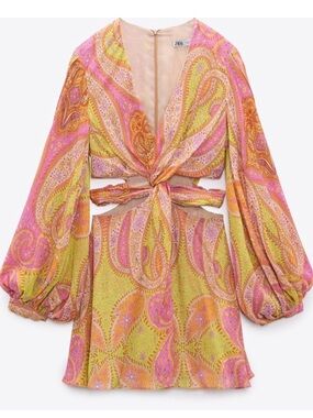 ZARA Pink, Lime & Orange Paisley Tie-Front Mini Dress